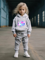 Cartoon Whale Hooded Sweatshirt and Solid Sweatpants Set for Girls