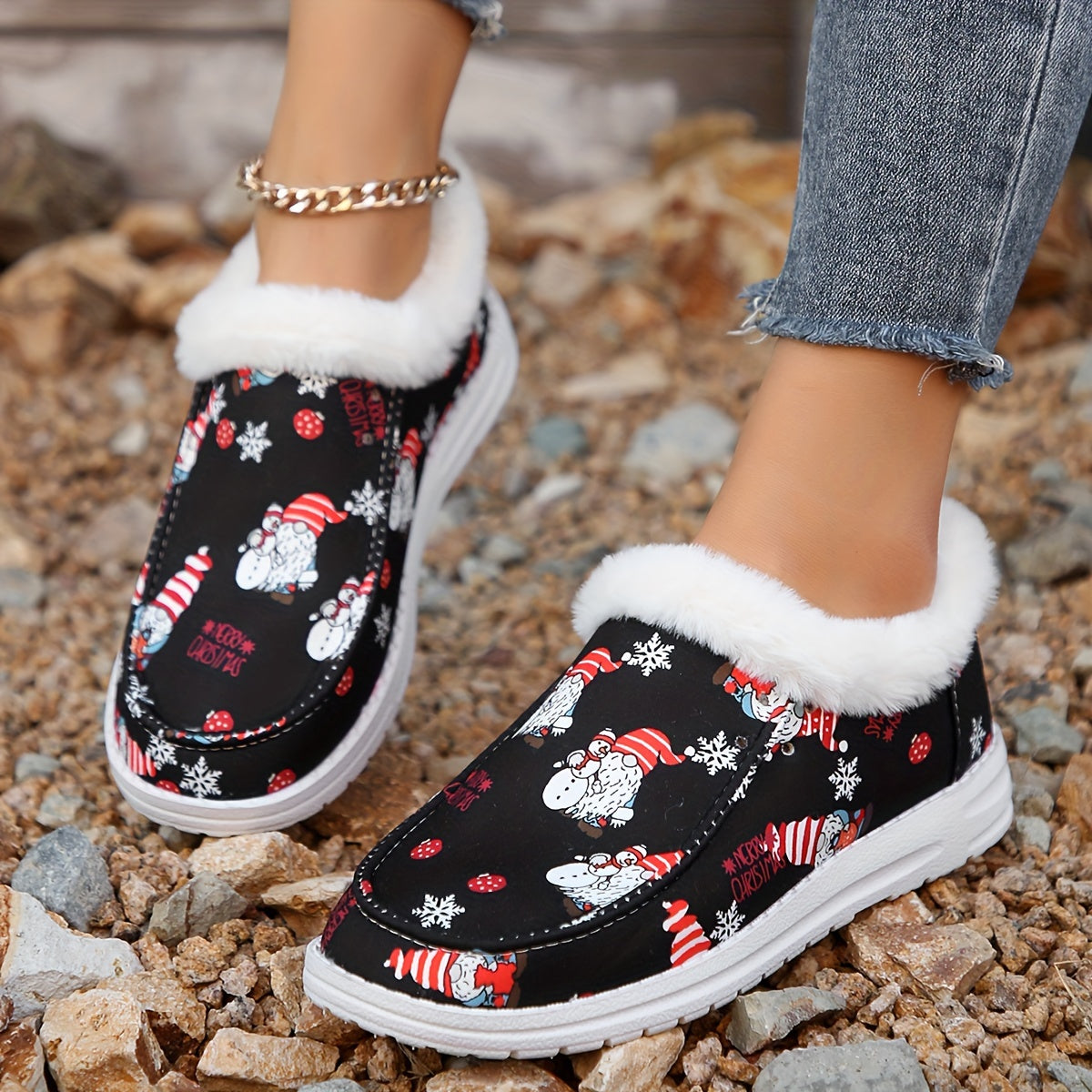 Women's Christmas Santa Print Snow Boots Winter Lace-up Flats Sneakers