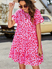 Ditsy Print Short Sleeve Round Neck Mini Smock Dress