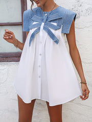 Patchwork Denim Dress Sleeveless Flower Button Women's Clothing