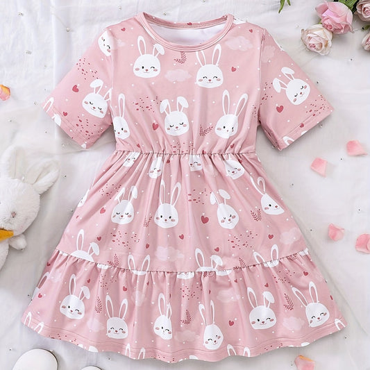 Girls' Bunny Ruffle A-Line Dress Short Sleeve Pullover