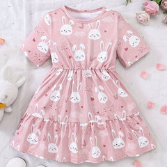 Girls' Bunny Ruffle A-Line Dress Short Sleeve Pullover