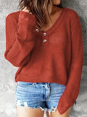 Solid V Neck Button Sweater