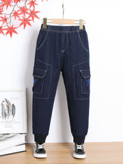 Boys Stretch Tapered Cargo Denim Jeans Elastic Waist Kids