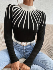 Block Knit Sweater High Neck Ribbed Sweater Women's Clothing