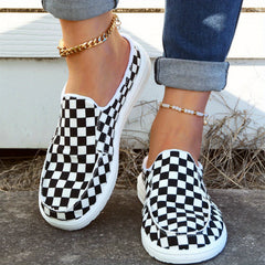 Women's Checkerboard Pattern Mules Slip On Platform Flat Shoes