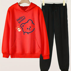 2pcs Sunday Bear Hoodies & Jogger Pants Set For Girls Spring Fall