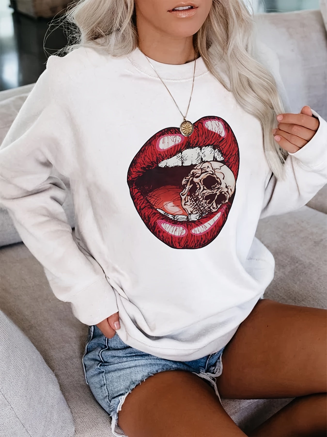 Lips & Skull Pattern Pullover Sweatshirt Long Sleeve Crew Neck Women's Clothing