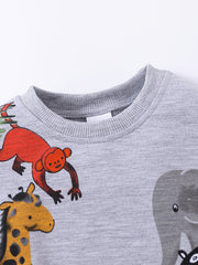 Cartoon Animals Print Boys Pullover Sweatshirt Long Sleeve Crew Neck Tops