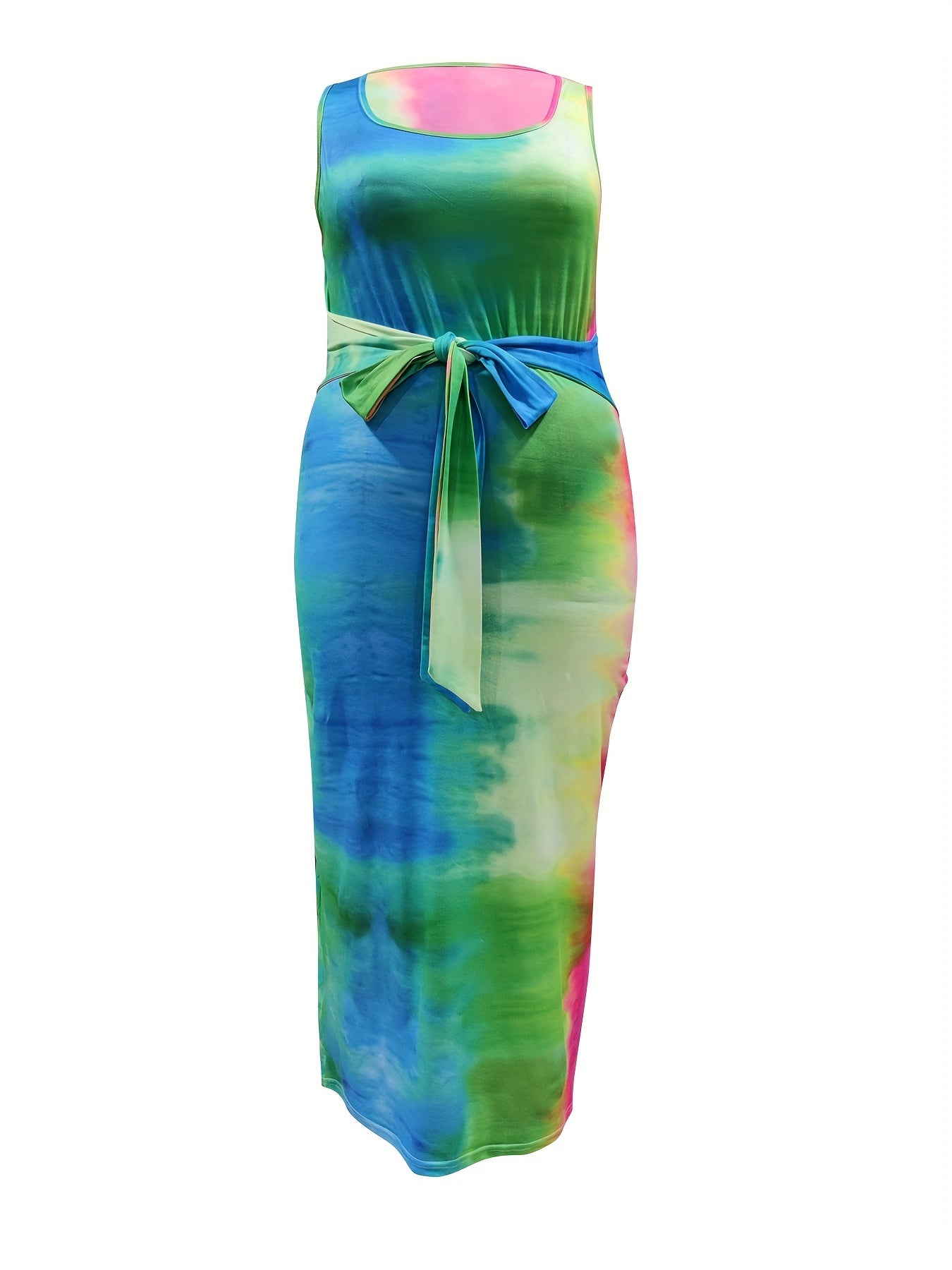 Tie Dye Print Knot Tie Front Maxi Tank Dress