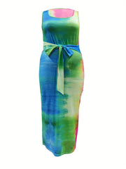 Tie Dye Print Knot Tie Front Maxi Tank Dress