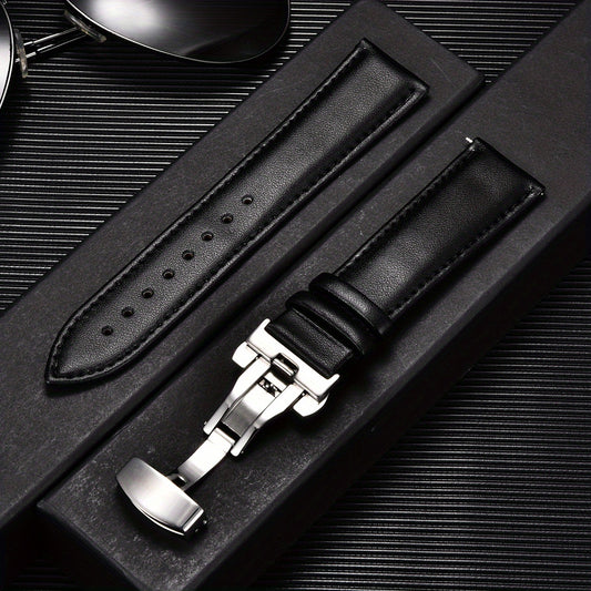 Double Press Solid Butterfly Buckle Leather Strap 18mm-24mm