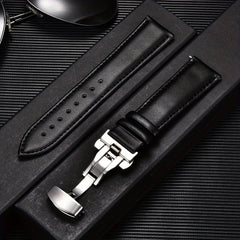 Double Press Solid Butterfly Buckle Leather Strap 18mm-24mm