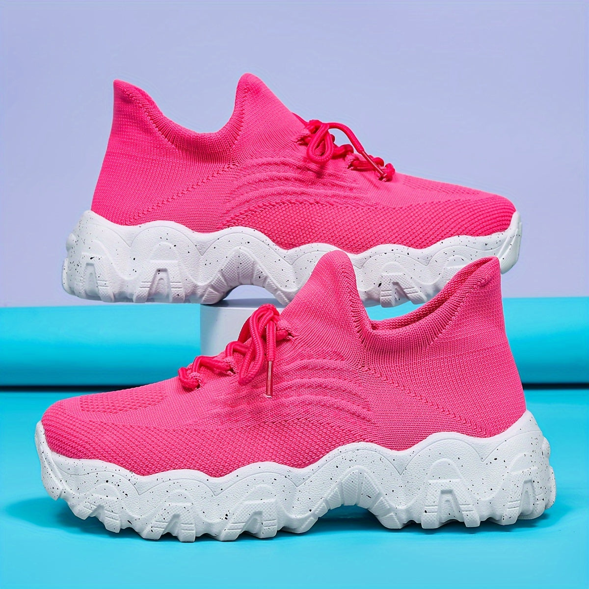 Thick Sole Running Shoes Lace Up Mesh Breathable Sneakers