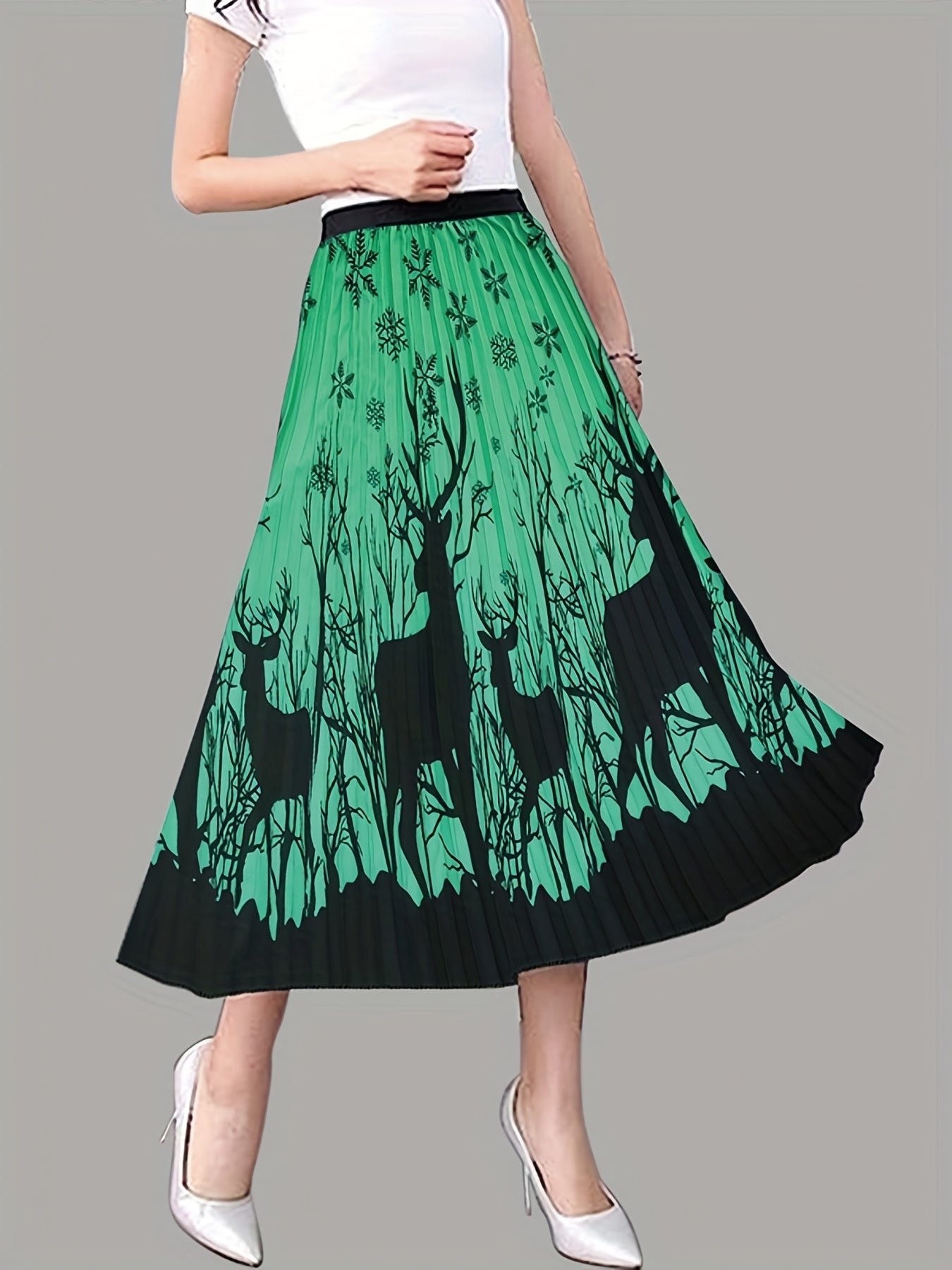 Deer Print Pleated Midi Skirt A Line Boho Style