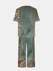 Floral Print 2pc Set Short Sleeve T shirt & Capris Pants Outfit
