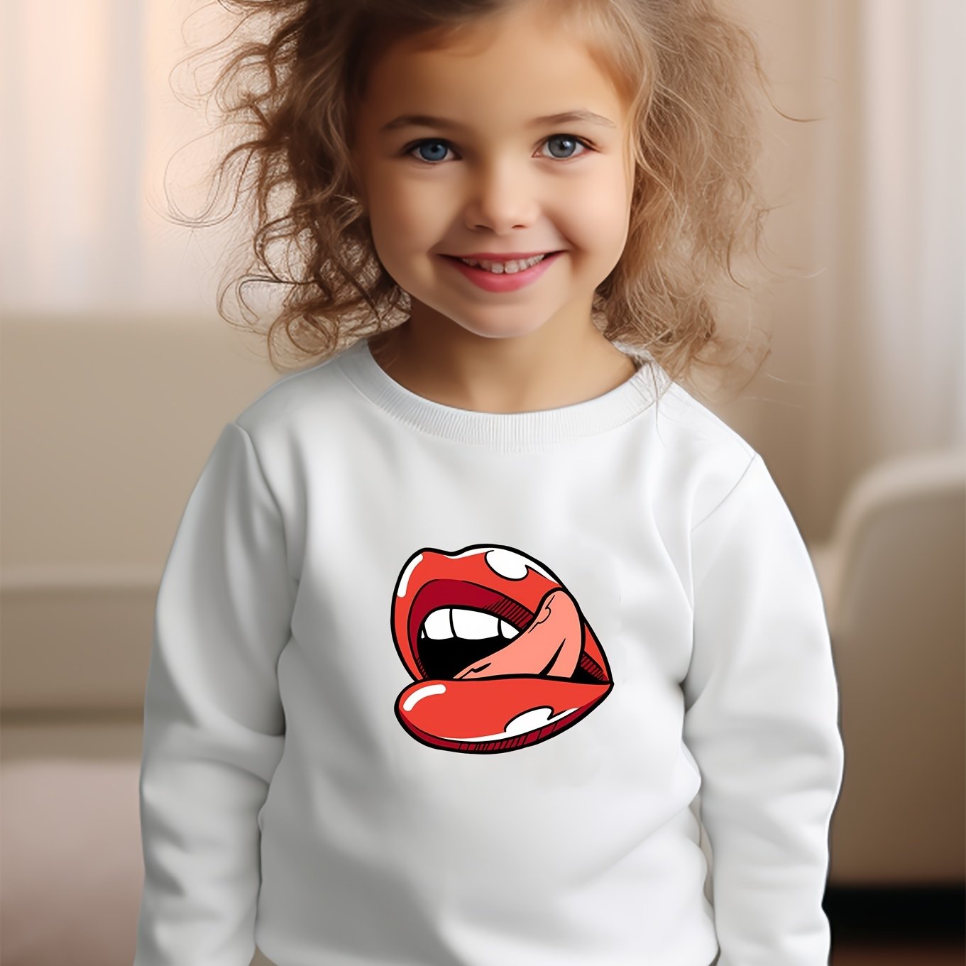 Girls Mouth Pattern Crew Neck Sweatshirt For Spring Fall Christmas Gift