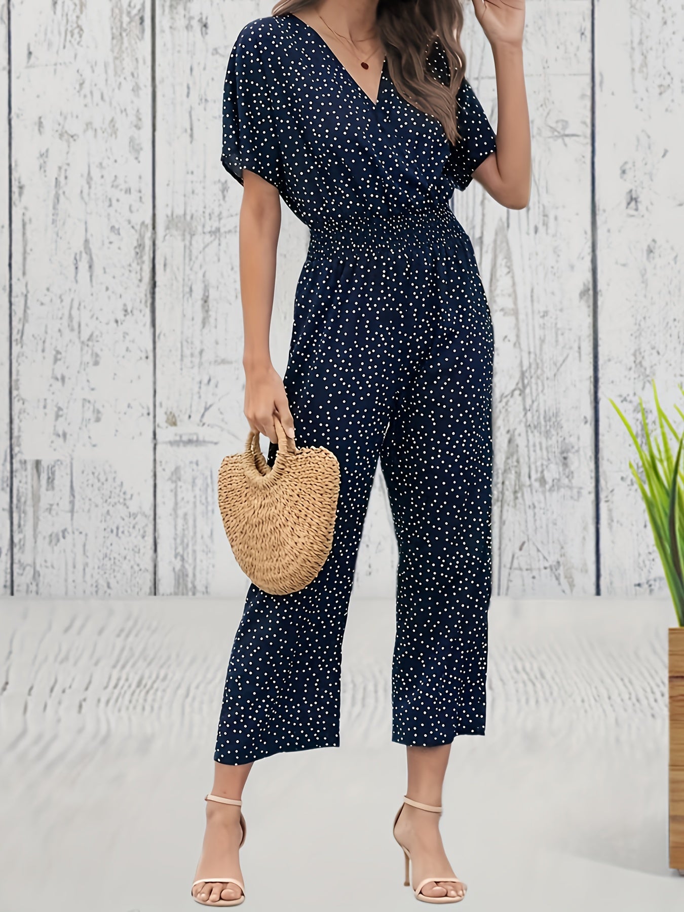 Pin Dot Print Cropped Jumpsuit Casual V Neck Short Sleeve Wide Leg Jumpsuit