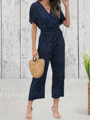 Pin Dot Print Cropped Jumpsuit Casual V Neck Short Sleeve Wide Leg Jumpsuit
