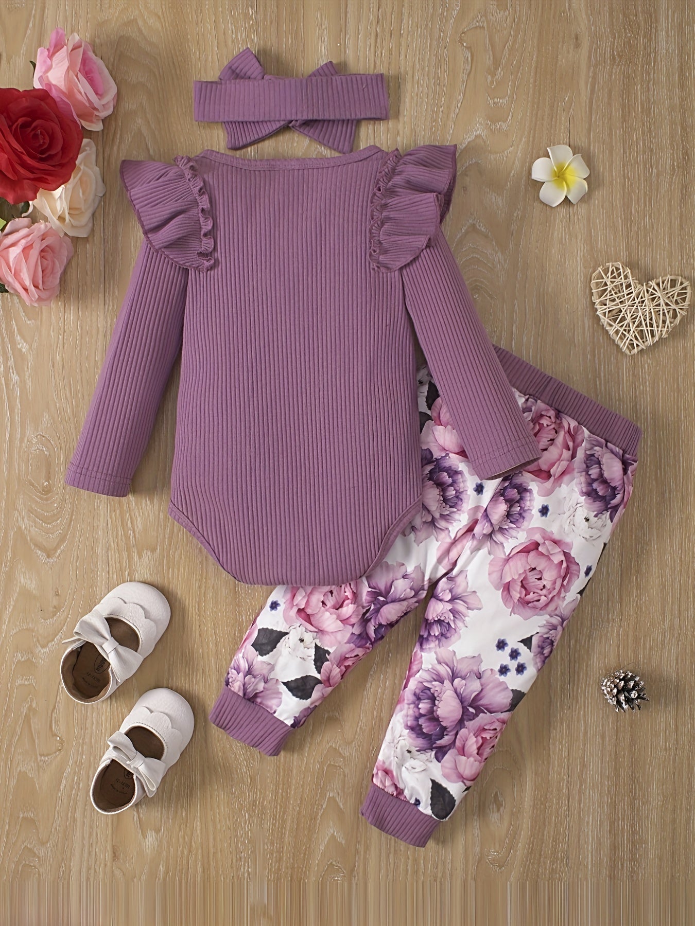 Baby Girl's Triangle Romper Floral Print Trousers Set