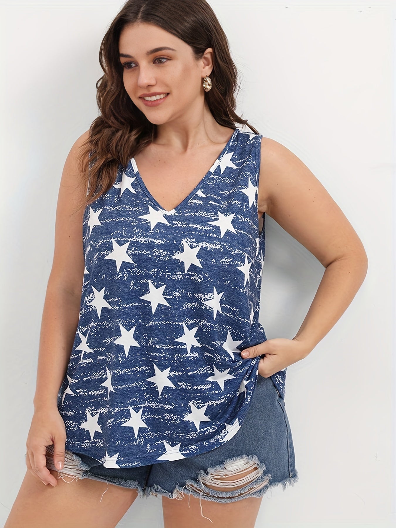 Star Print V Neck Tank Top High Stretch