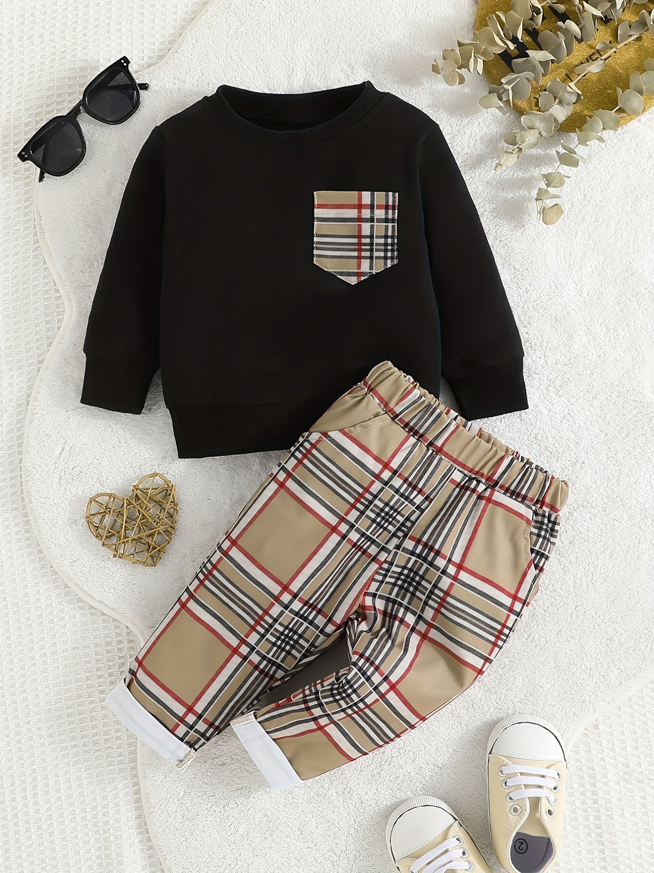 Baby Boys Long Sleeve Sweatshirt & Plaid Pants Set