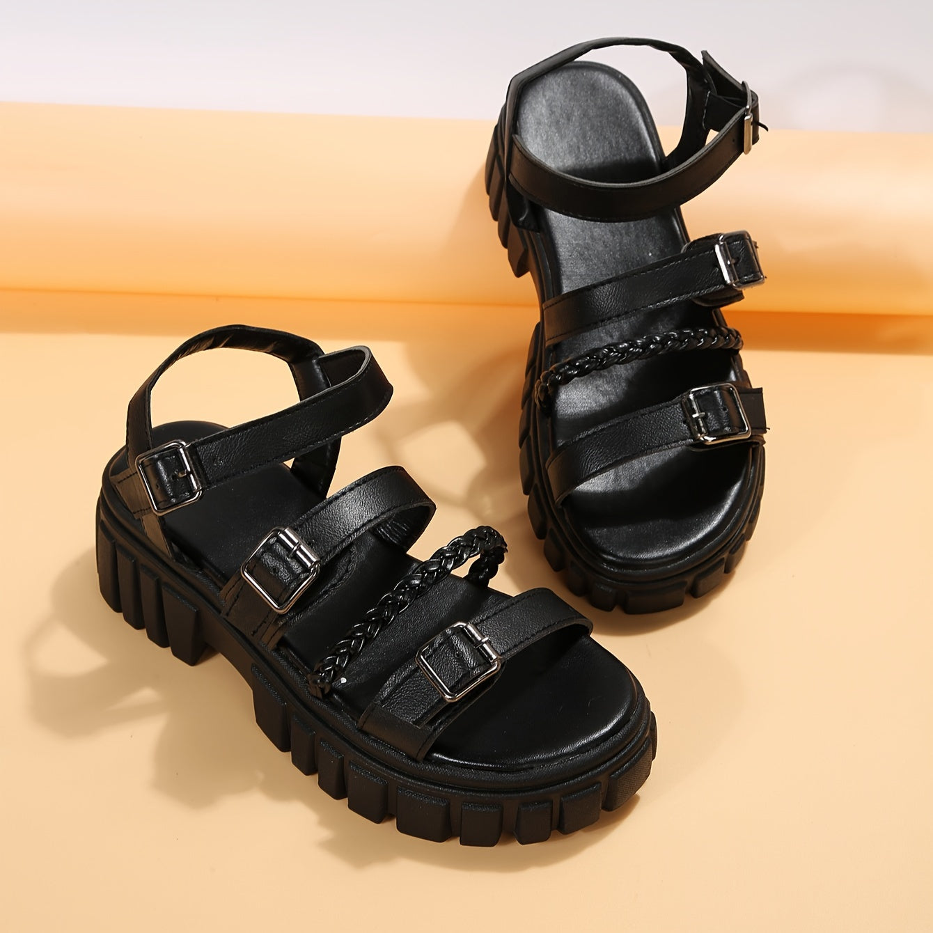 Women's Buckle Platform Sandals Braided Straps Outdoor Sandals