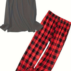 Lounge Set: Solid Long Sleeve Tee & Plaid Pants Pajamas
