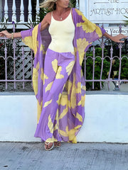 Violets Floral Print 2 Piece Beachwear Drawstring Kaftan Swimwear