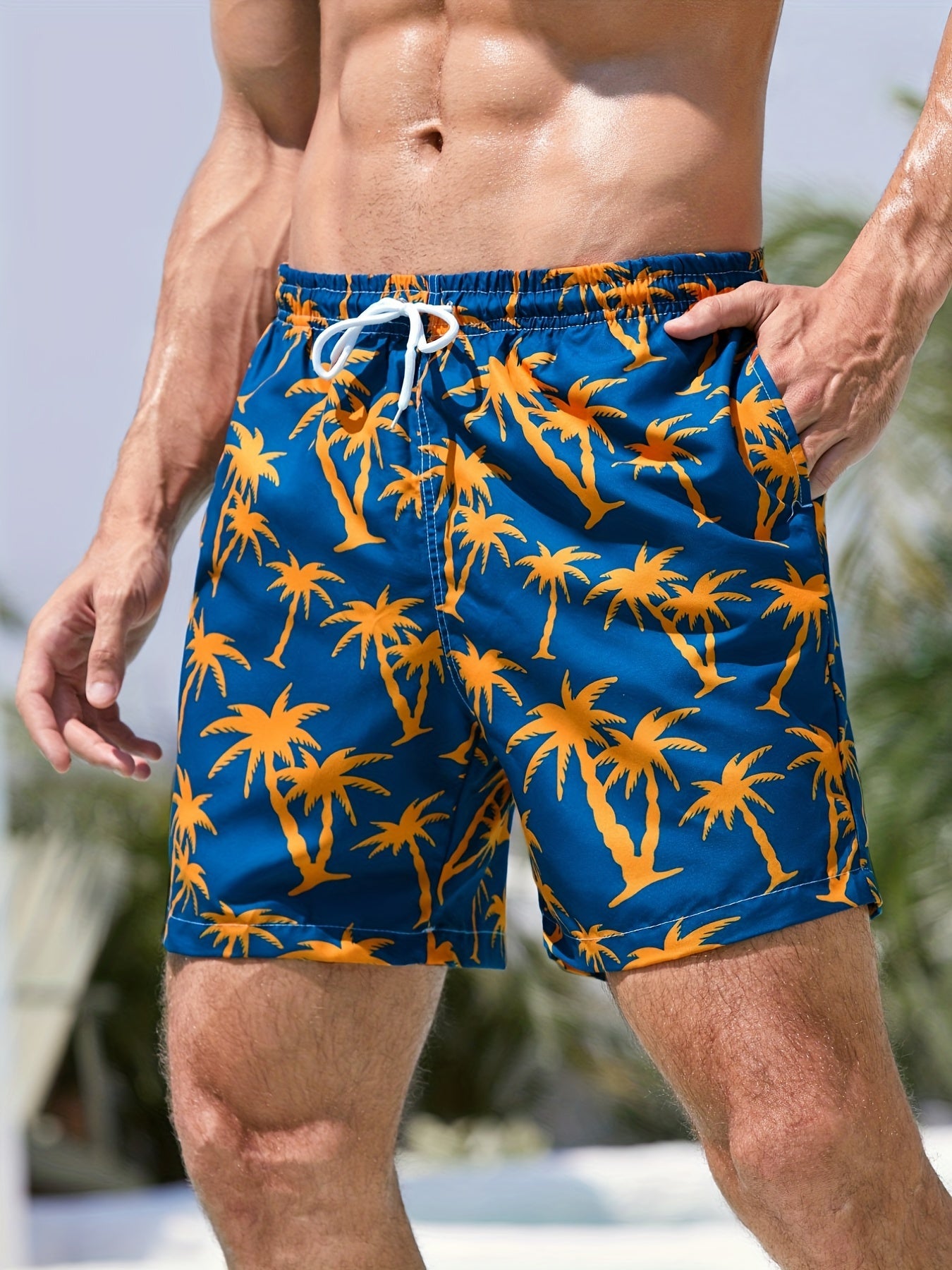 Men's Coconut Tree Beach Shorts Quick Drying Drawstring Sports Shorts