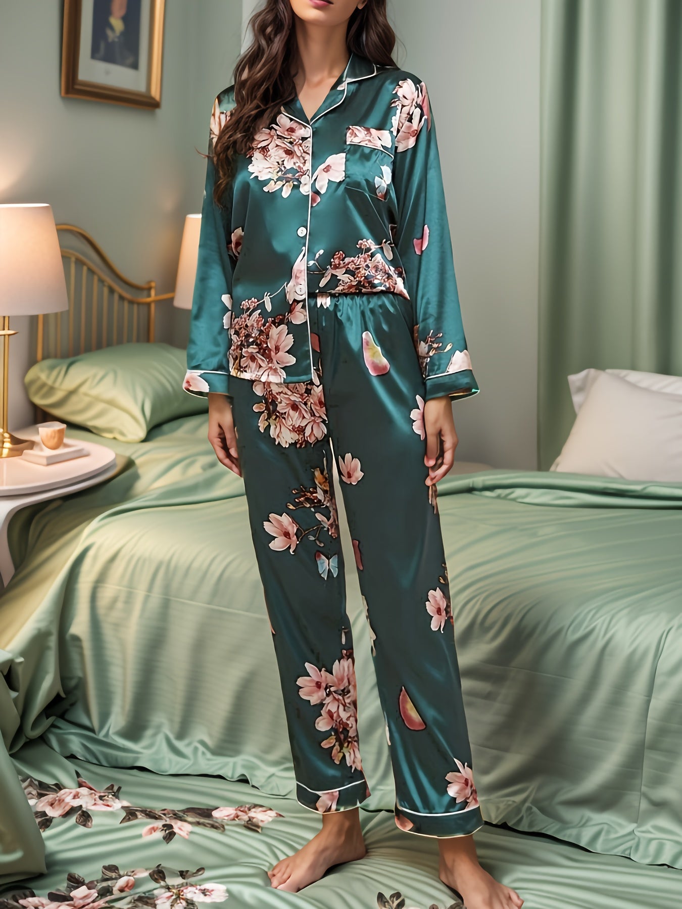 Floral Print Pajama Set Long Sleeve Top & Pants