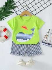 Boys Cartoon Whale Casual Outfit Round Neck T shirt & Striped Shorts