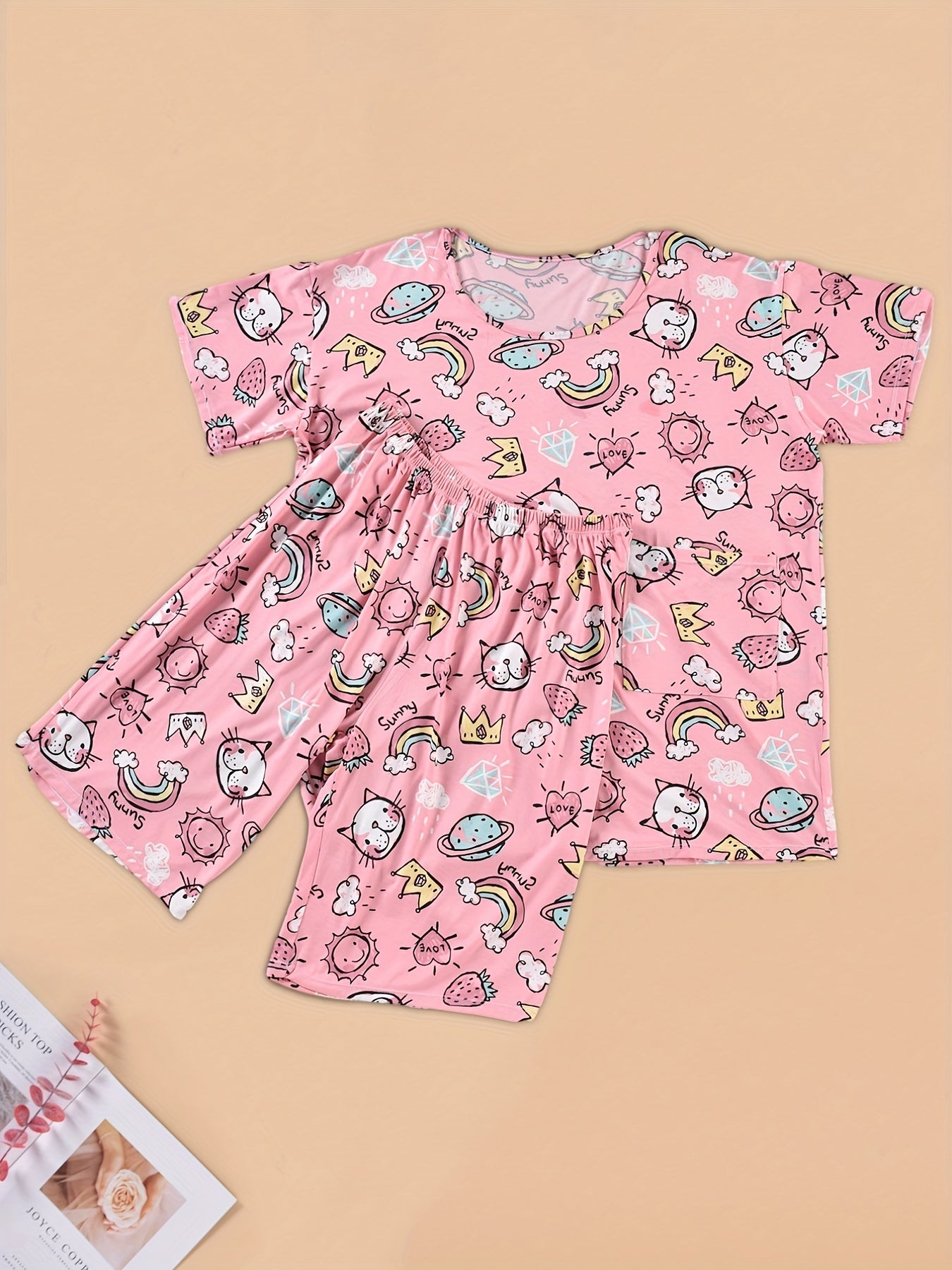 Cat & Strawberry & Rainbow Print Pajama Set