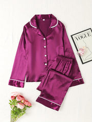 Satin Pajama Set Long Sleeve Top & Pants Women's Sleepwear