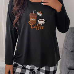 Coffee Graphic Long Sleeve Crew Neck Stretch Tee