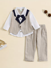 2pcs Baby Boys Striped Short Sleeve Bowtie Shirt & Shorts Gentleman Outfit