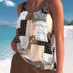 Retro Tankini Set Patchwork Paisley Print Round Neck Bathing Suit