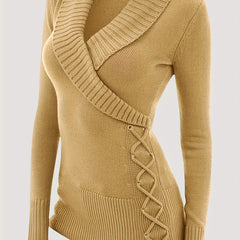 Solid Long Sleeve Shawl Collar Faux Wrap Lace Up Pullover Jumper
