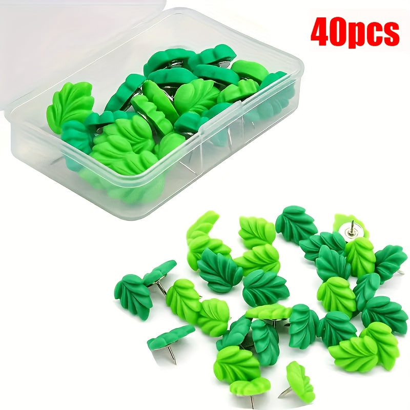 40pcs Green Leaves Flat Thumb Tacks Decorative Push Pins