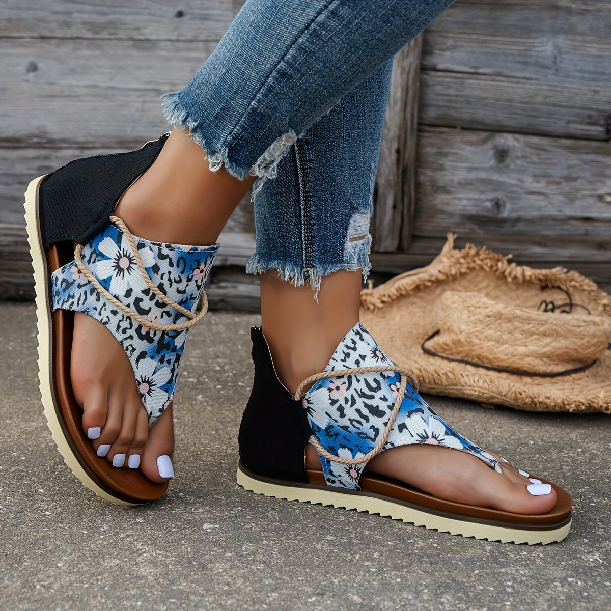 Floral Leopard Print Thong Sandals Women Comfy Anti-slip Flat Sandals