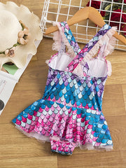 Girl's Fish Scale Pattern Onesie Swimsuit Mesh Ruffle Decor Tankini