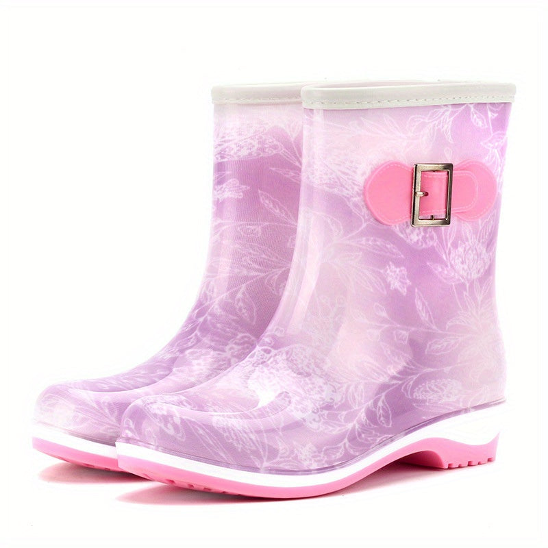 Women's Buckle Rain Boots Comfortable Slip On Shoes