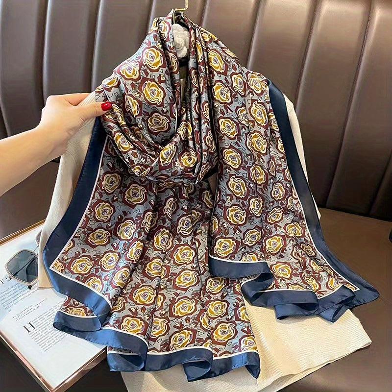 Vintage Camellia Print Silk Scarf Shawl Head Wrap Women Sunscreen