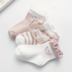 3 Pairs Baby Girls Lace Crew Socks Flower Embroidery Princess Socks