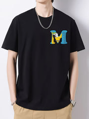 Letter & Parrot Print Men's Cotton Crew Neck T shirt