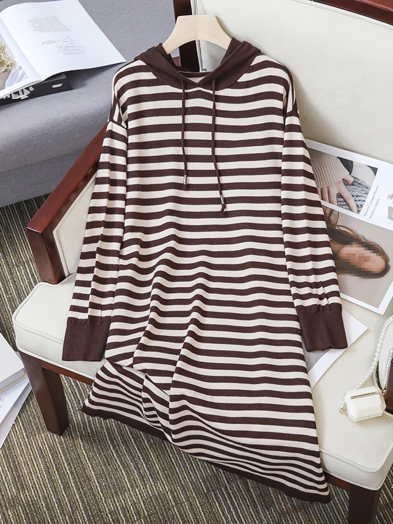 Striped Hoodie Drawstring Long Sleeve Midi Dress Women's Plus