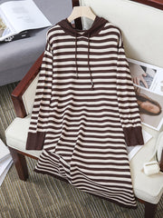 Striped Hoodie Drawstring Long Sleeve Midi Dress Women's Plus