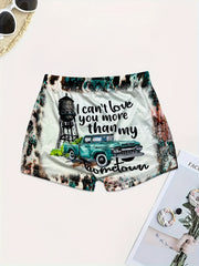 Graphic & Letter Print Skinny Shorts Sexy Elastic Waist Shorts