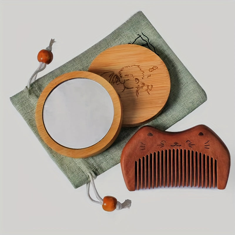 Vintage Wood Mirror Comb Set With Bag Mini Wooden Round Vanity Makeup Mirror