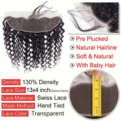 13x4 Brazilian Deep Wave Human Hair Lace Frontal Pre Plucked Natural Closure